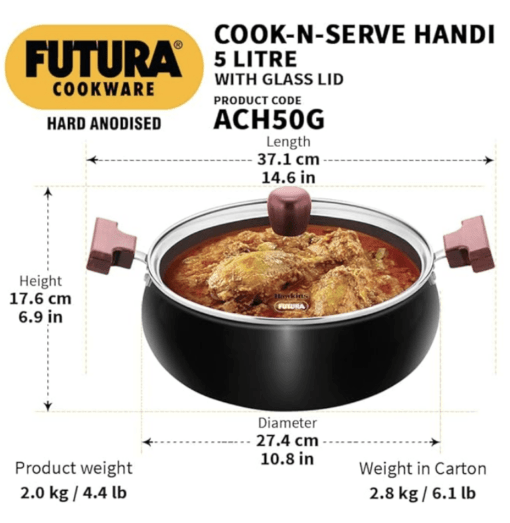 Hawkins Futura 5 Litre Cook n Serve Handi, Hard Anodised Biryani Handi with Glass Lid, Induction Saucepan, Sauce Pan, Black (IACH50G) - Image 2